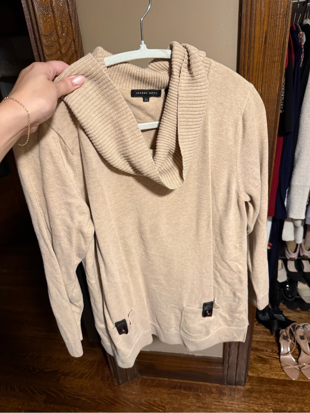 JEANNE PIERRE Tan Cowl Neck Sweater with Front Pockets